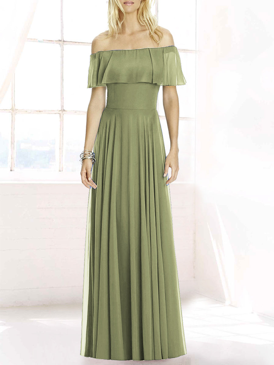 Chiffon Column Off the Shoulder Sleeveless Bridesmaid Dress-MB50084