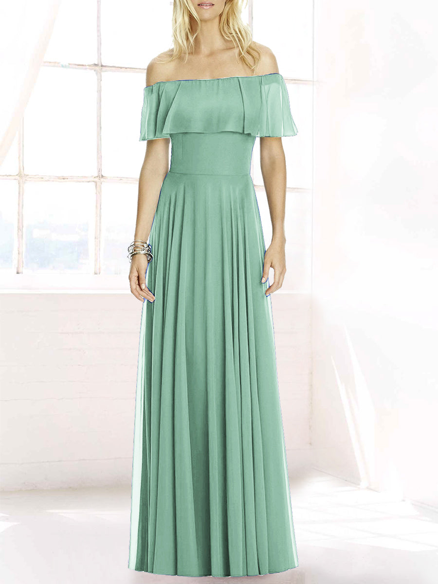 Chiffon Column Off the Shoulder Sleeveless Bridesmaid Dress-MB50084