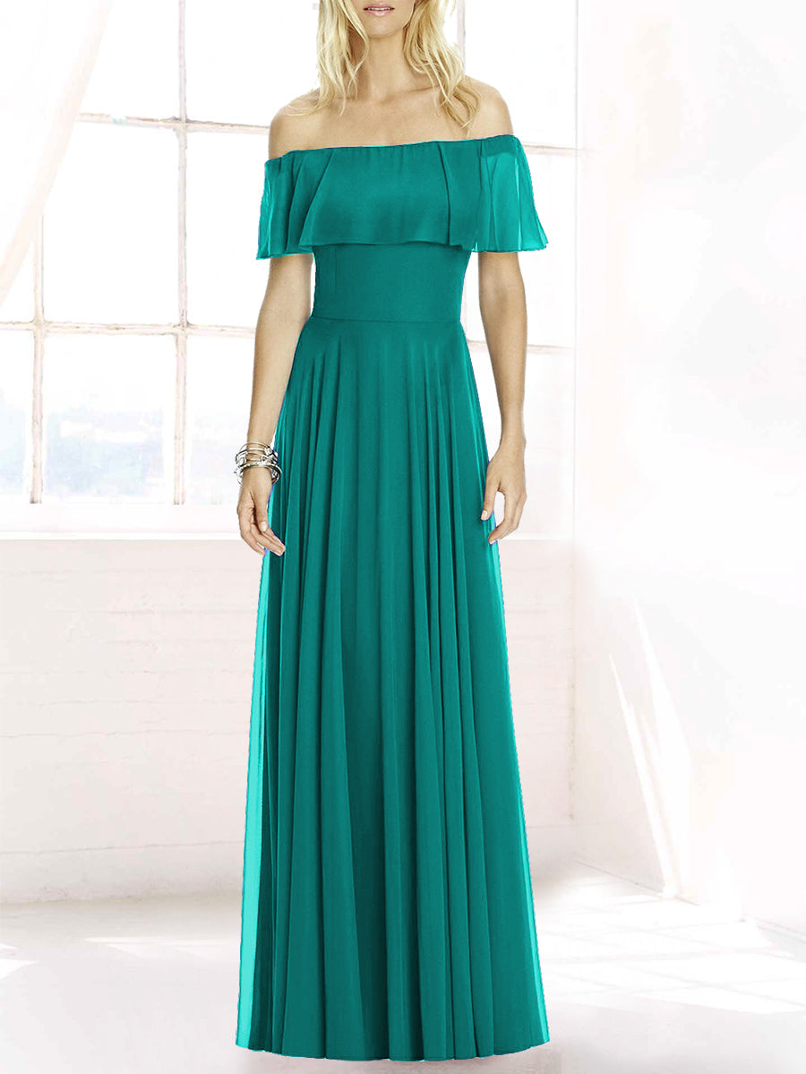 Chiffon Column Off the Shoulder Sleeveless Bridesmaid Dress-MB50084