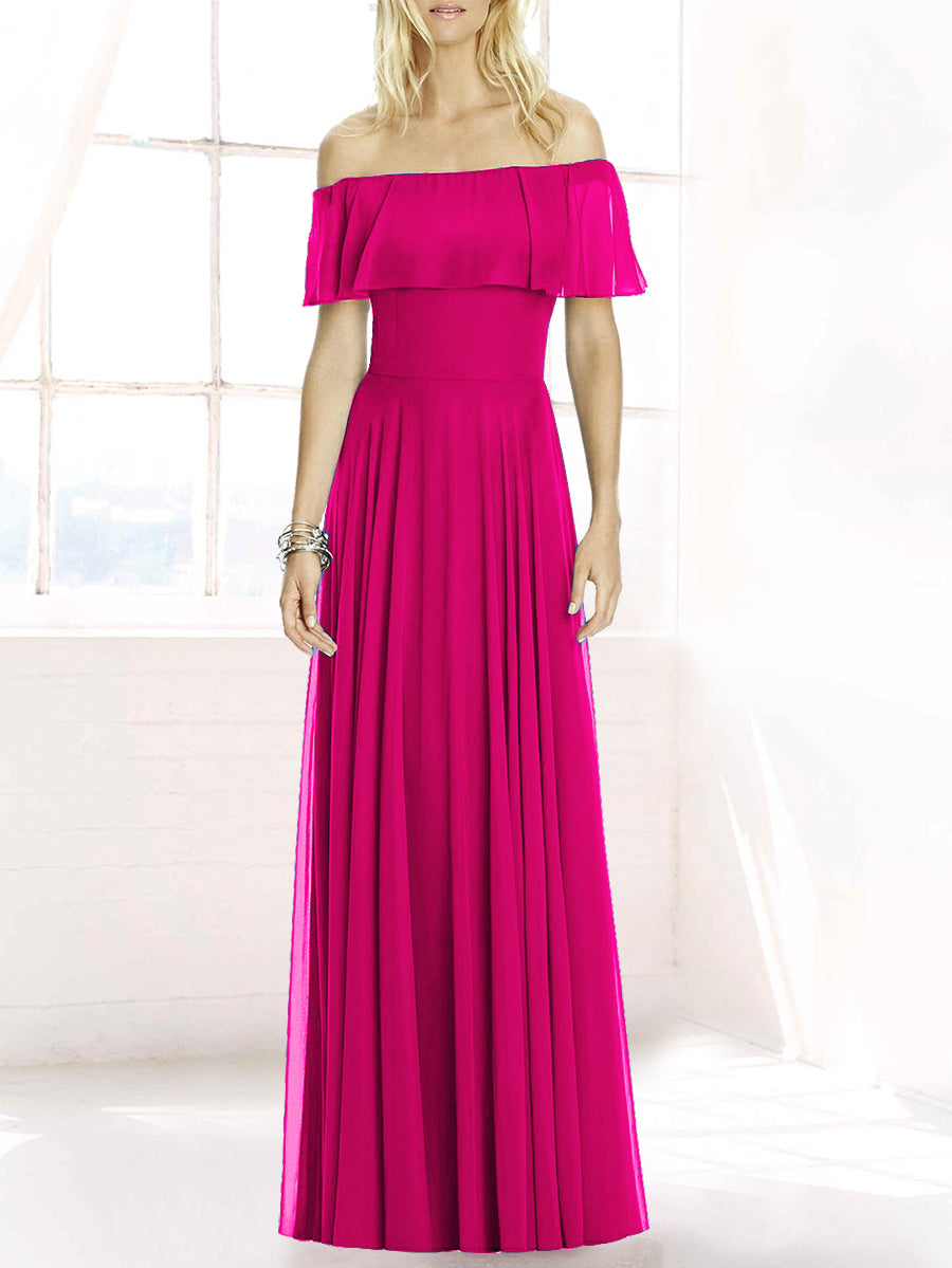 Chiffon Column Off the Shoulder Sleeveless Bridesmaid Dress-MB50084