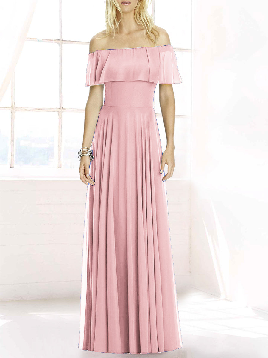 Chiffon Column Off the Shoulder Sleeveless Bridesmaid Dress-MB50084