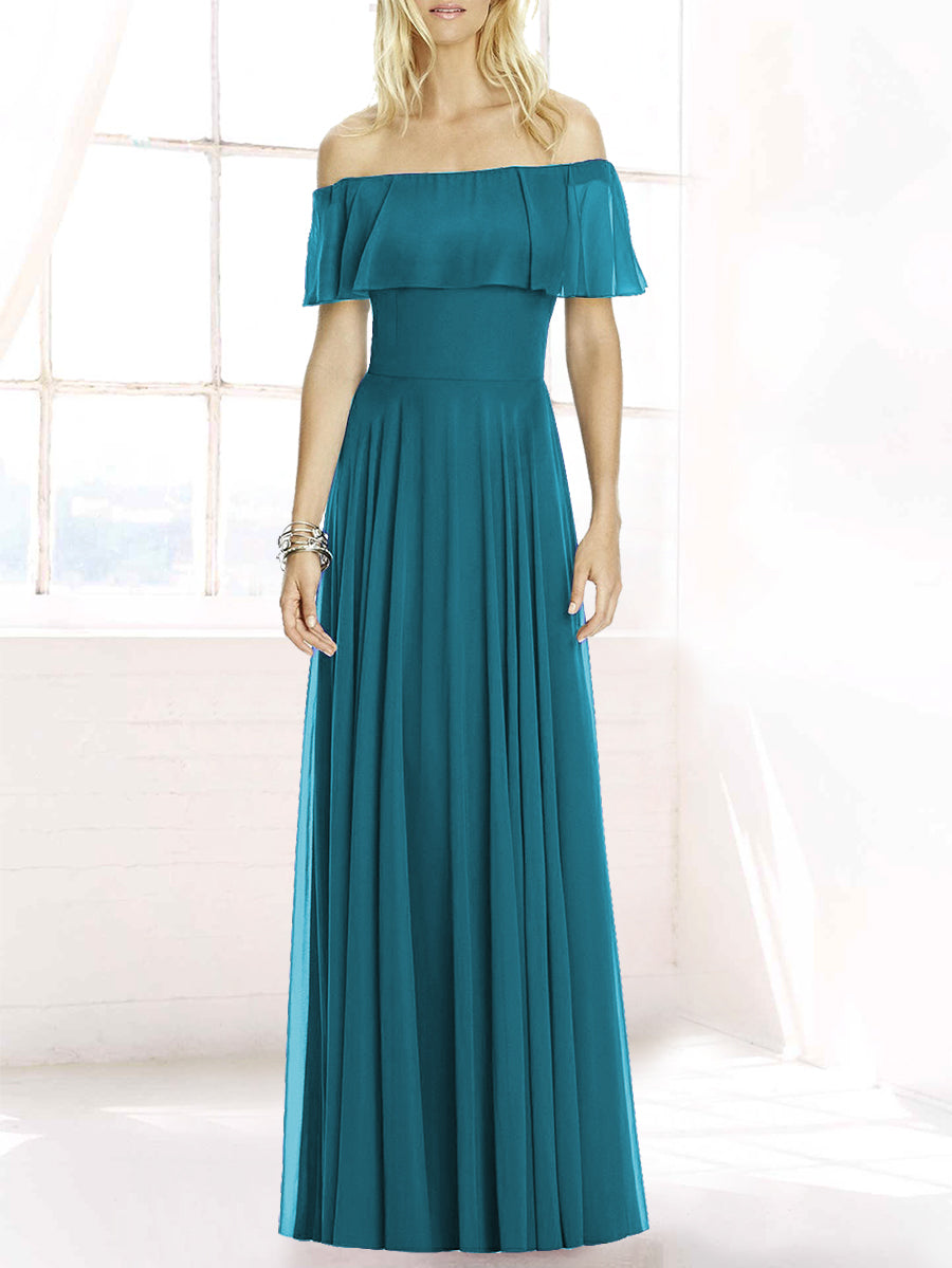 Chiffon Column Off the Shoulder Sleeveless Bridesmaid Dress-MB50084