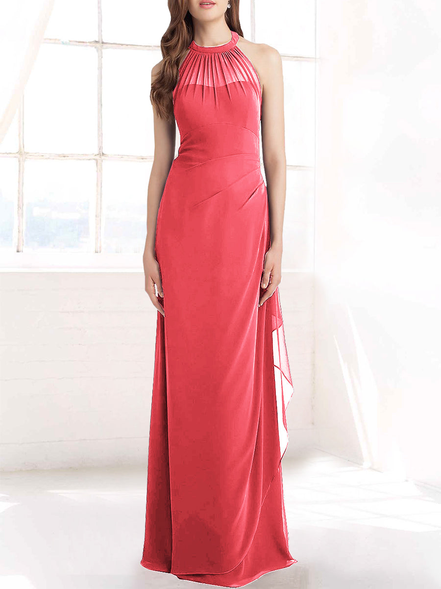 Chiffon Column Halter Sleeveless Bridesmaid Dress-MB50098