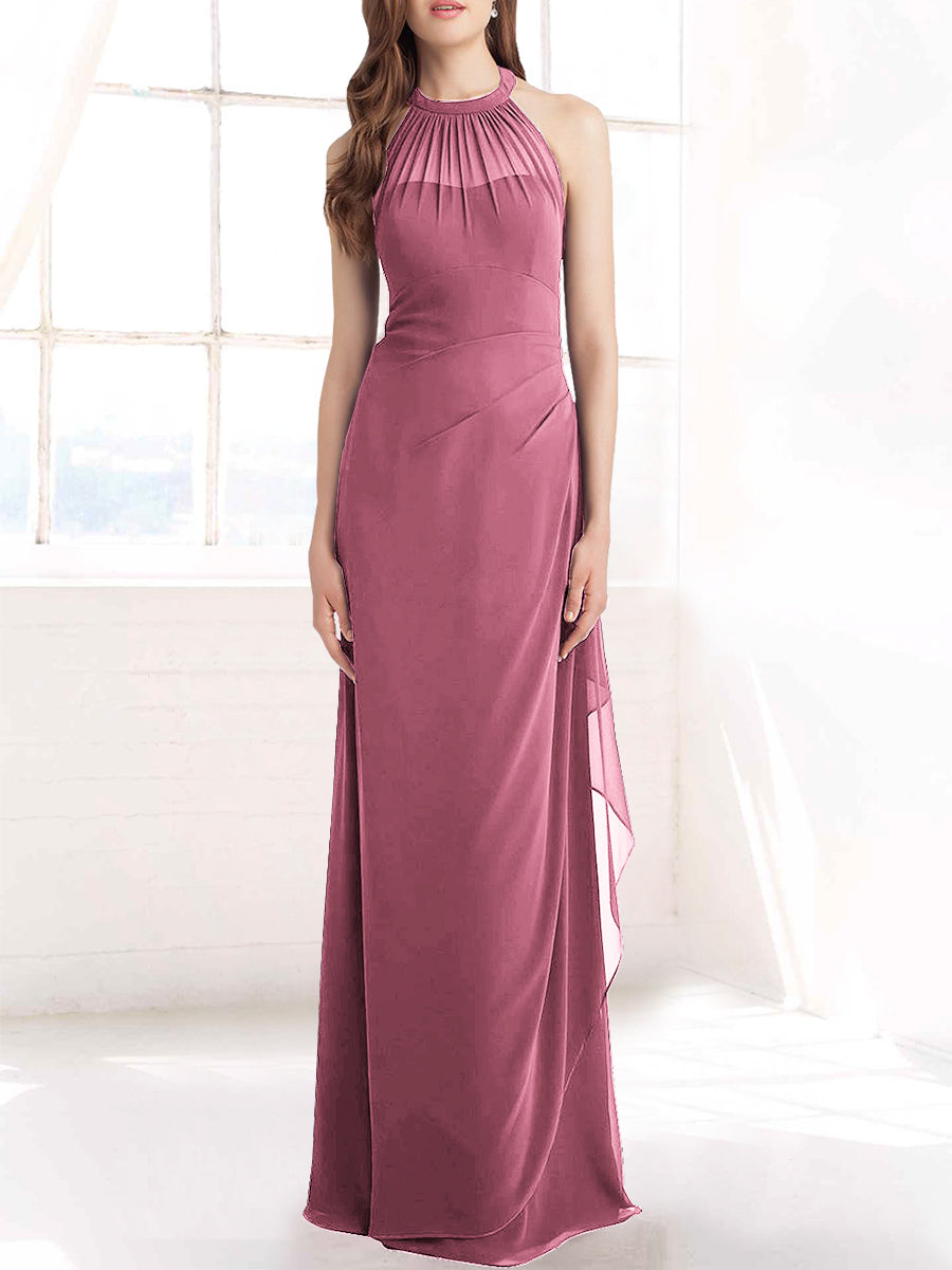 Chiffon Column Halter Sleeveless Bridesmaid Dress-MB50098