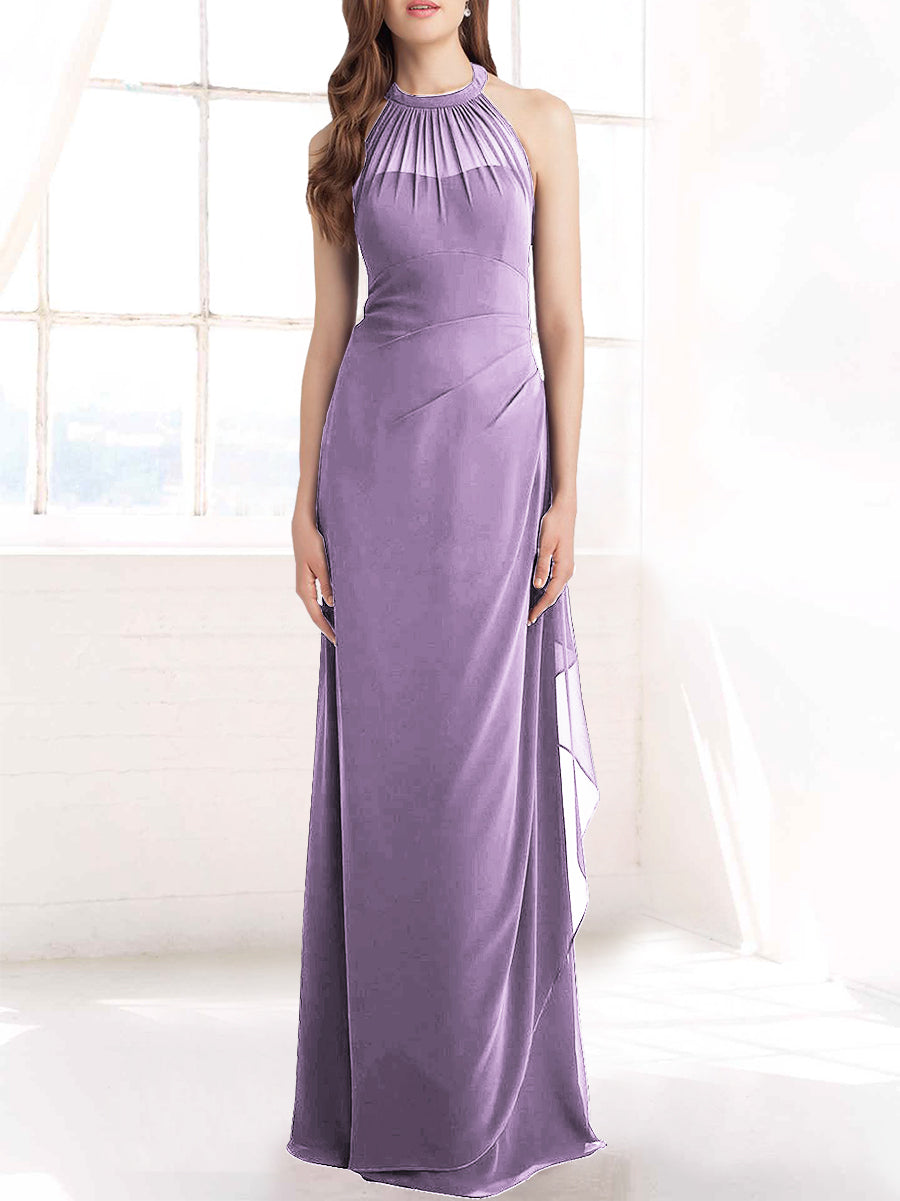 Chiffon Column Halter Sleeveless Bridesmaid Dress-MB50098