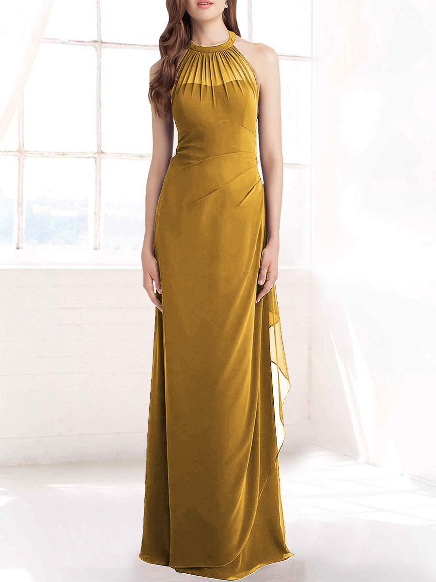 Chiffon Column Halter Sleeveless Bridesmaid Dress-MB50098