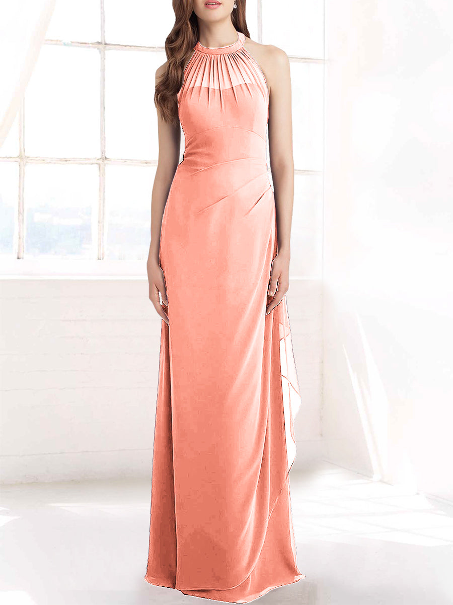 Chiffon Column Halter Sleeveless Bridesmaid Dress-MB50098