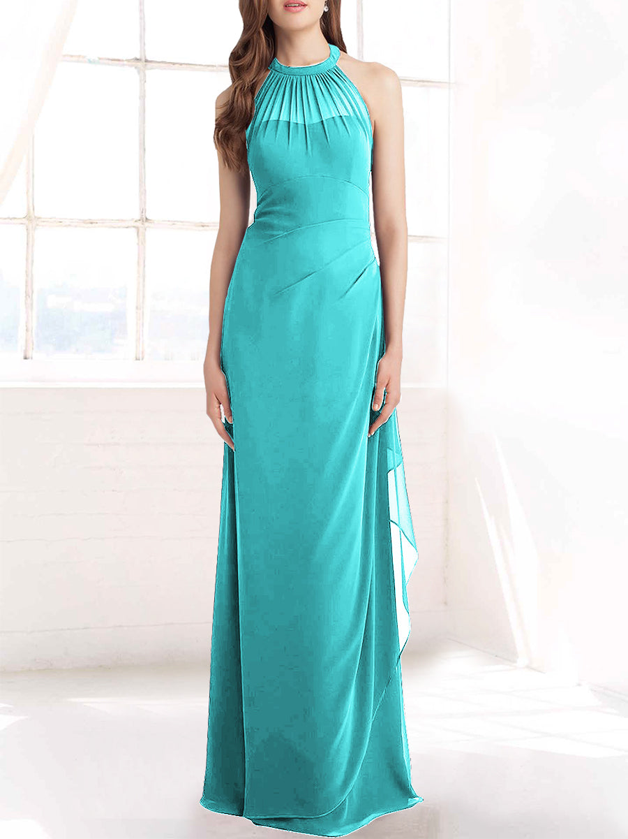 Chiffon Column Halter Sleeveless Bridesmaid Dress-MB50098