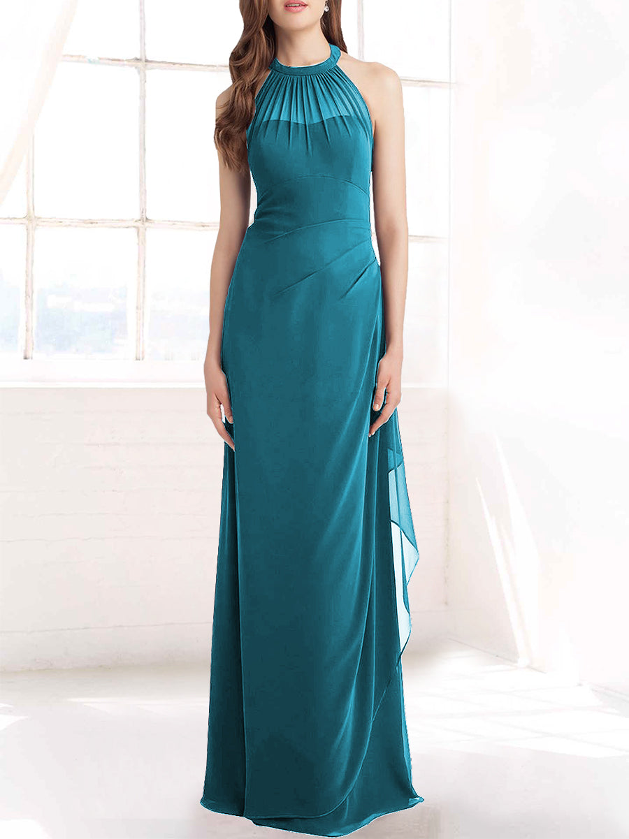 Chiffon Column Halter Sleeveless Bridesmaid Dress-MB50098