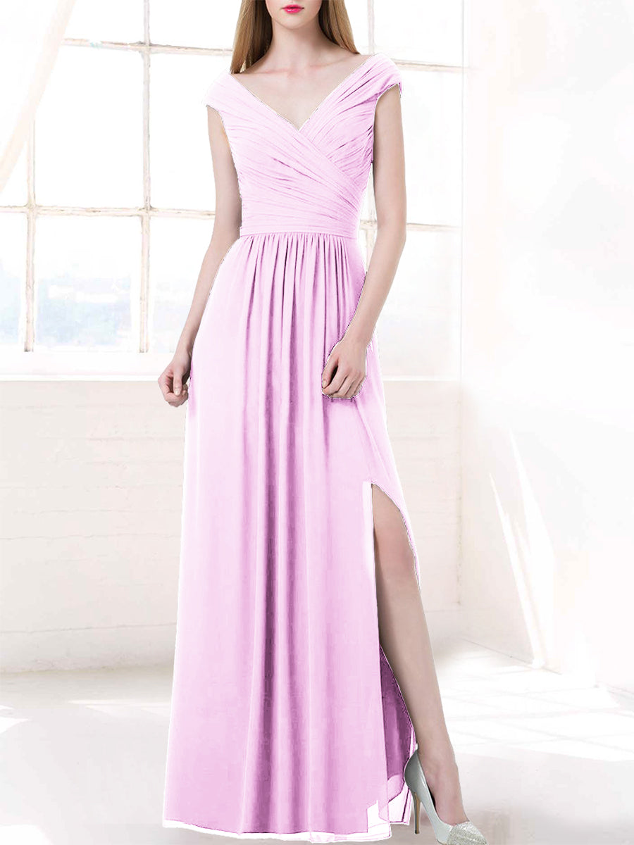 Chiffon Column V-Neck Cap Sleeves Bridesmaid Dress-MB50100