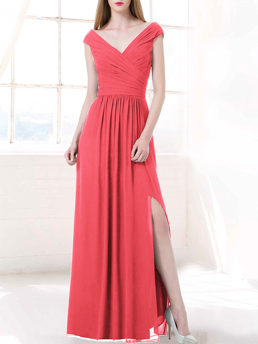 Chiffon Column V-Neck Cap Sleeves Bridesmaid Dress-MB50100