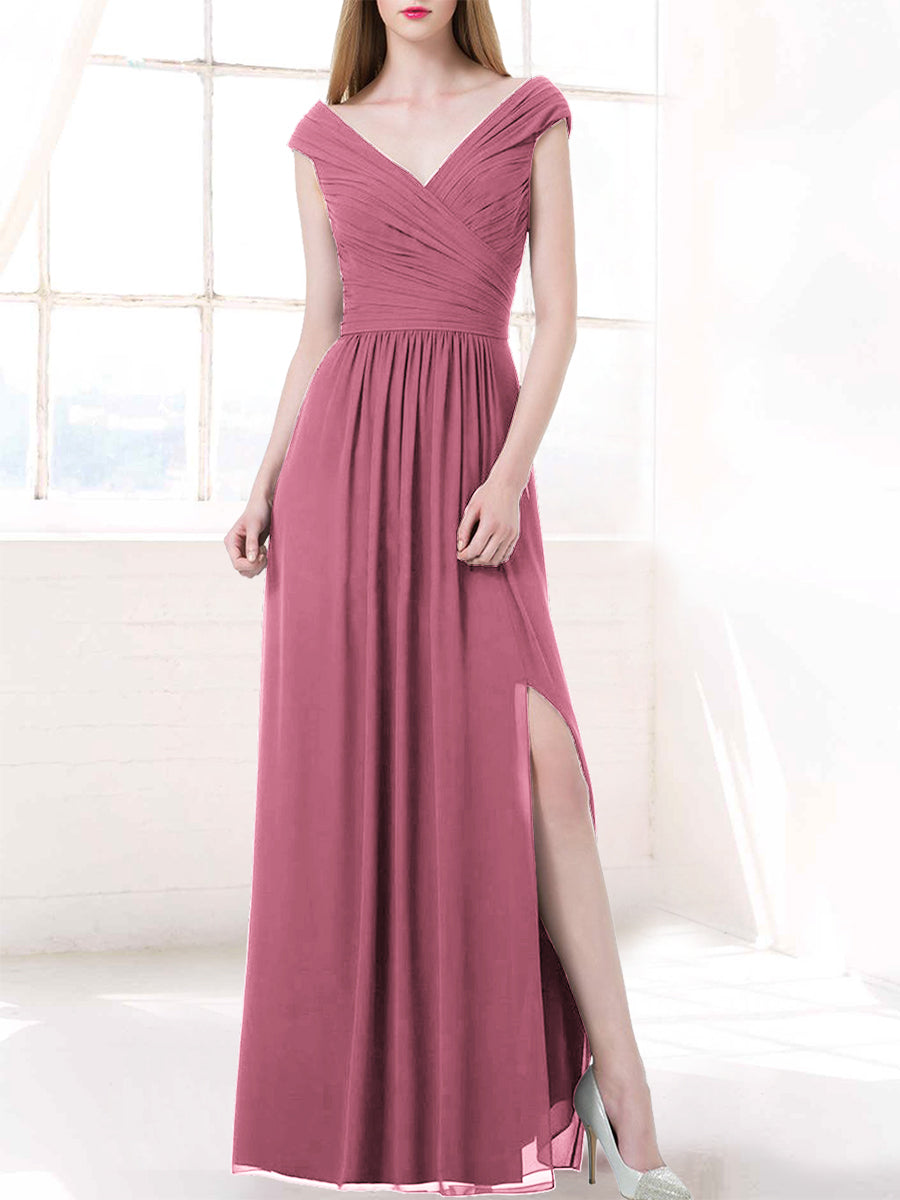 Chiffon Column V-Neck Cap Sleeves Bridesmaid Dress-MB50100