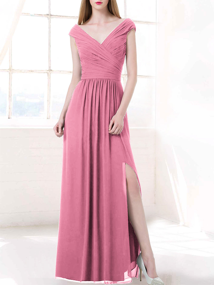 Chiffon Column V-Neck Cap Sleeves Bridesmaid Dress-MB50100