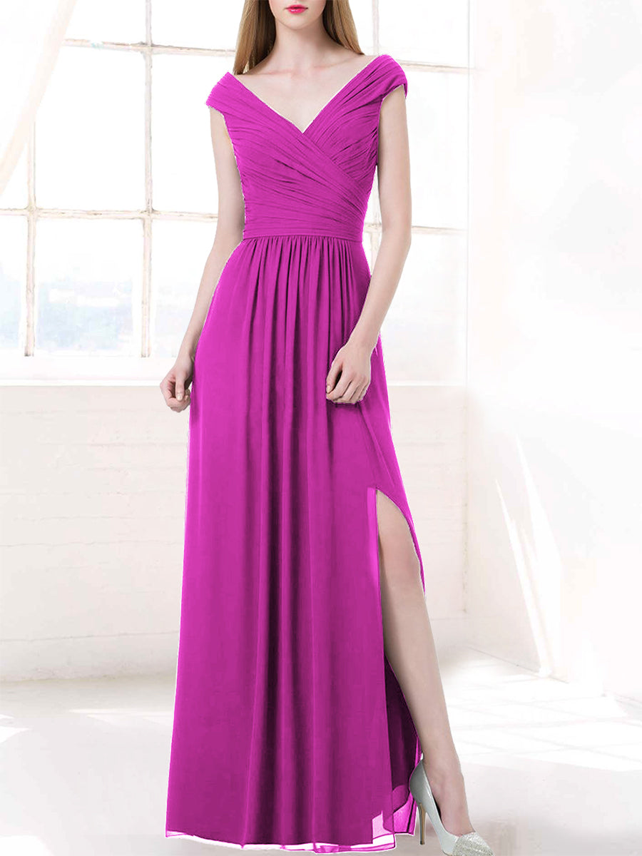 Chiffon Column V-Neck Cap Sleeves Bridesmaid Dress-MB50100