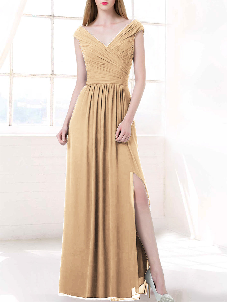 Chiffon Column V-Neck Cap Sleeves Bridesmaid Dress-MB50100