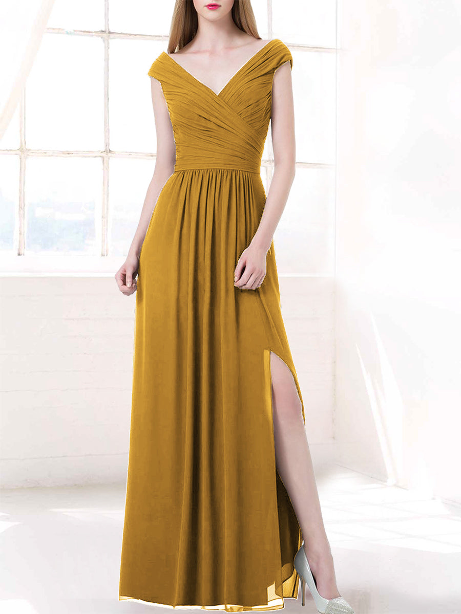 Chiffon Column V-Neck Cap Sleeves Bridesmaid Dress-MB50100