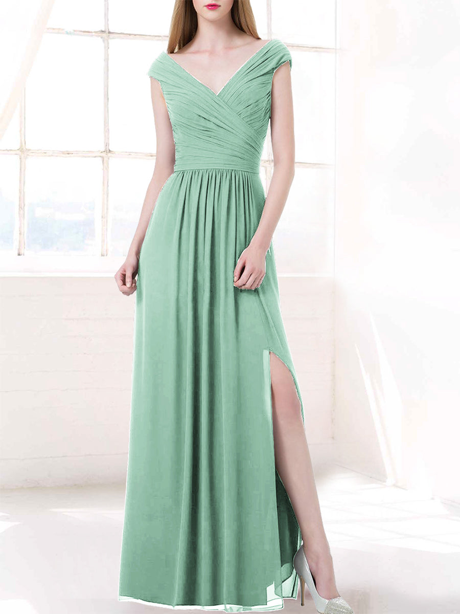 Chiffon Column V-Neck Cap Sleeves Bridesmaid Dress-MB50100