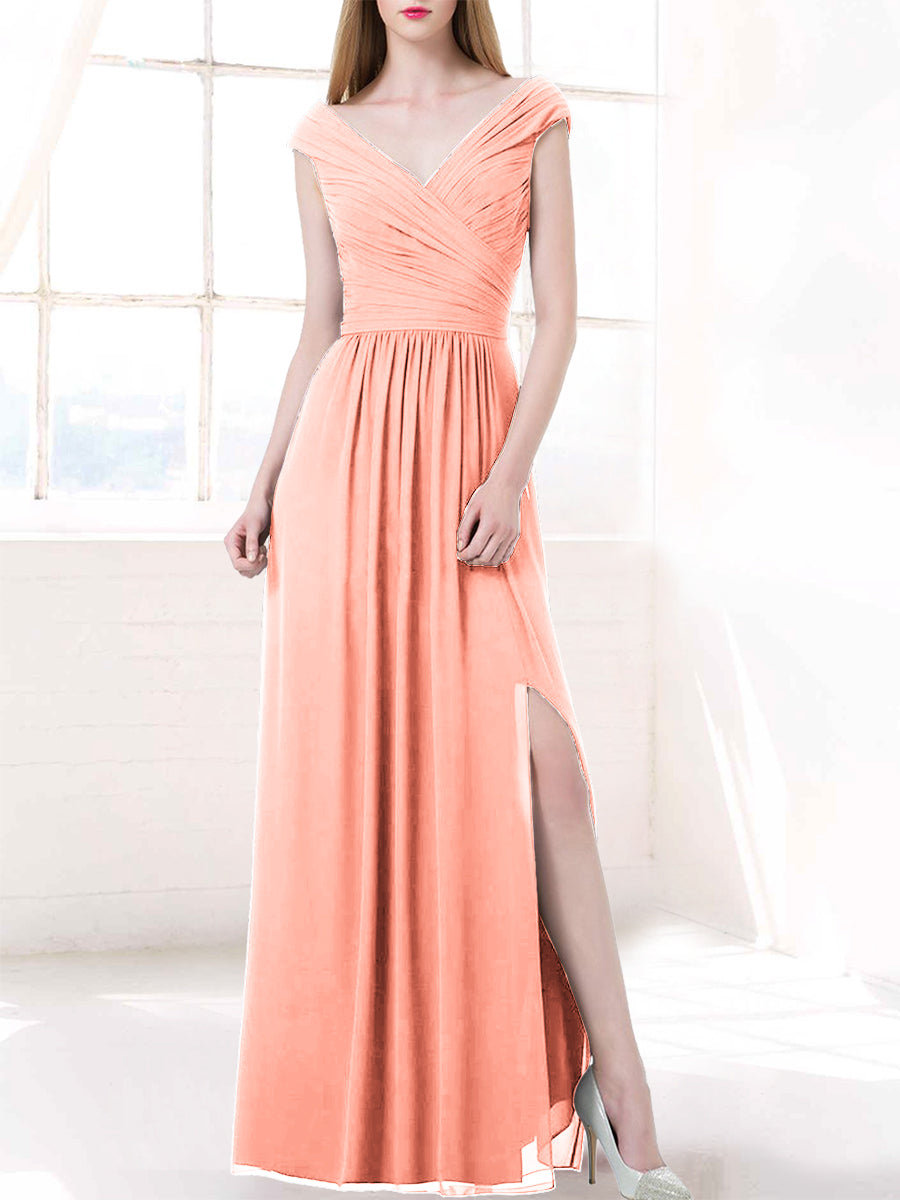 Chiffon Column V-Neck Cap Sleeves Bridesmaid Dress-MB50100