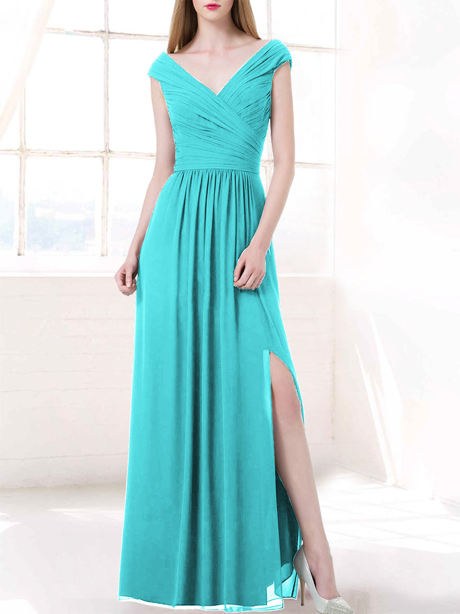 Chiffon Column V-Neck Cap Sleeves Bridesmaid Dress-MB50100