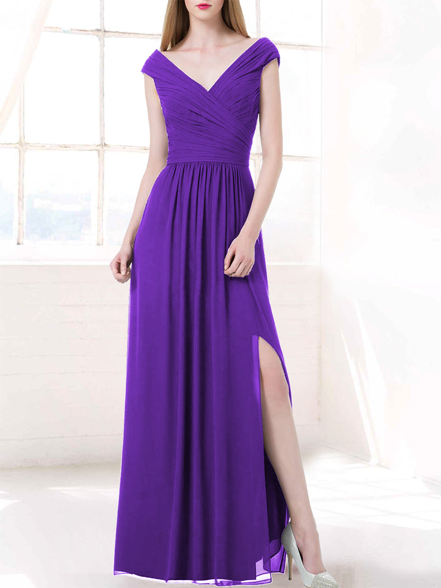 Chiffon Column V-Neck Cap Sleeves Bridesmaid Dress-MB50100