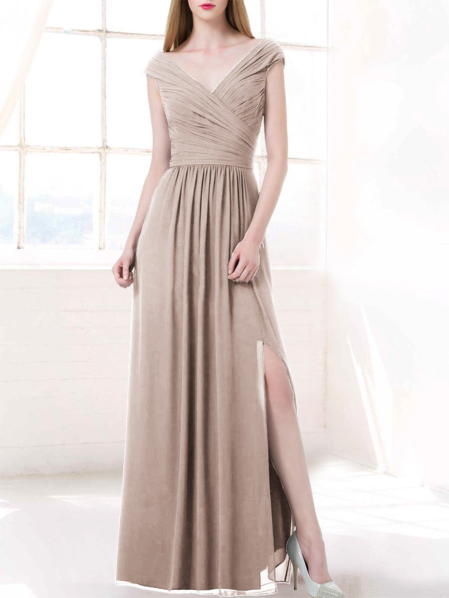 Chiffon Column V-Neck Cap Sleeves Bridesmaid Dress-MB50100