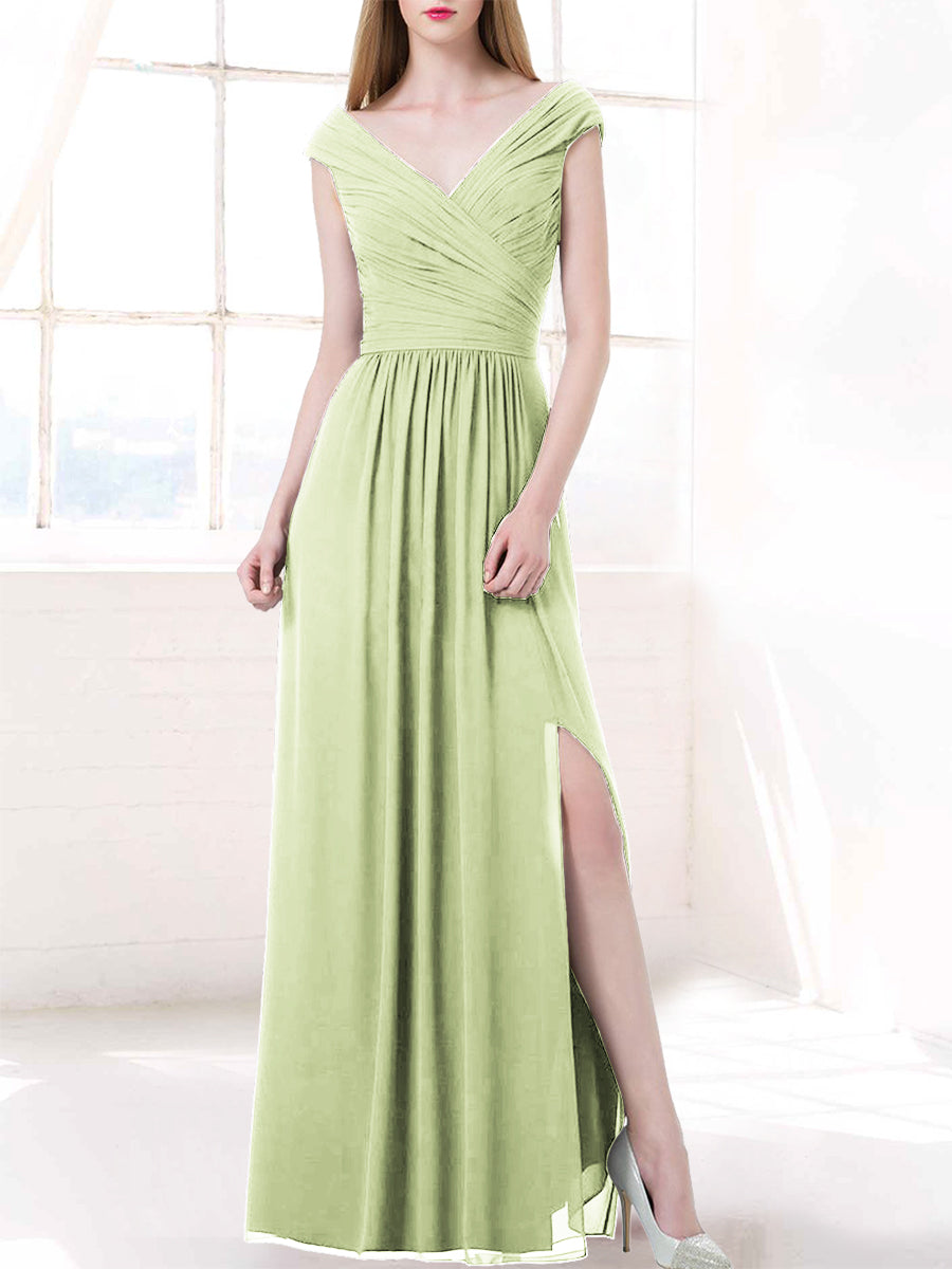 Chiffon Column V-Neck Cap Sleeves Bridesmaid Dress-MB50100