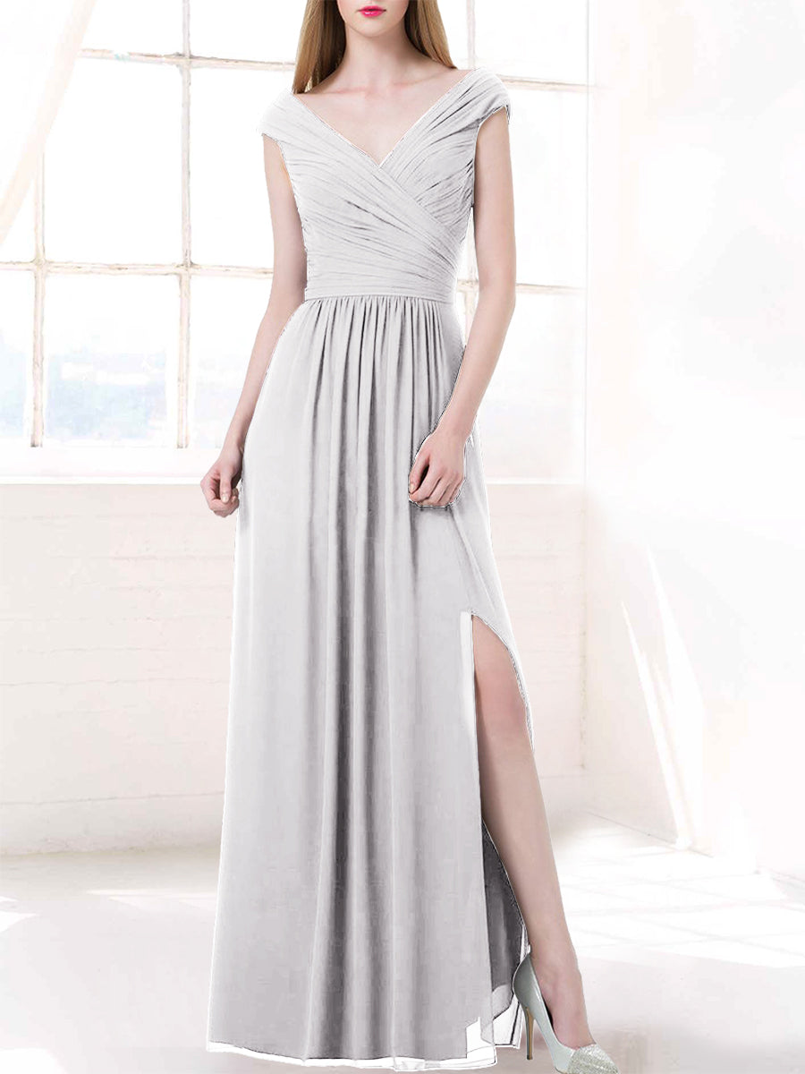 Chiffon Column V-Neck Cap Sleeves Bridesmaid Dress-MB50100