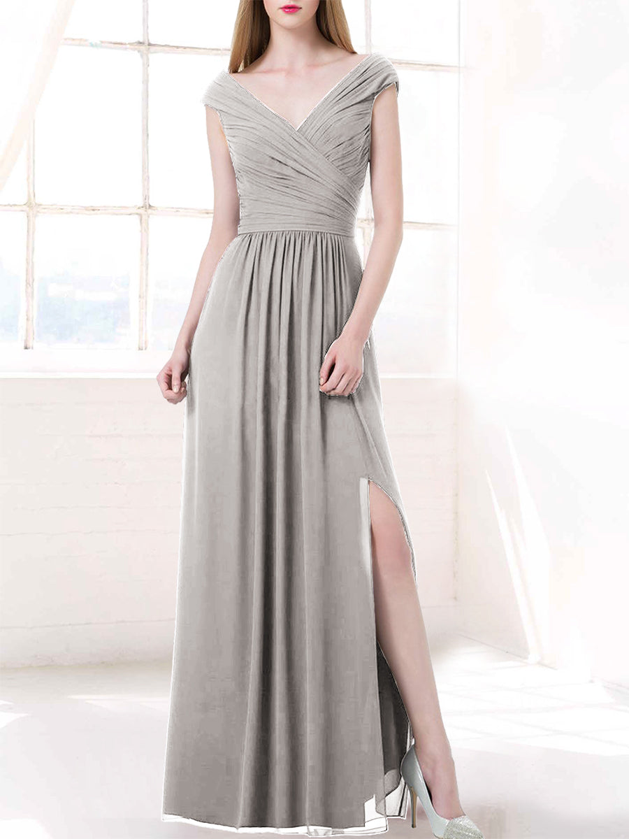 Chiffon Column V-Neck Cap Sleeves Bridesmaid Dress-MB50100