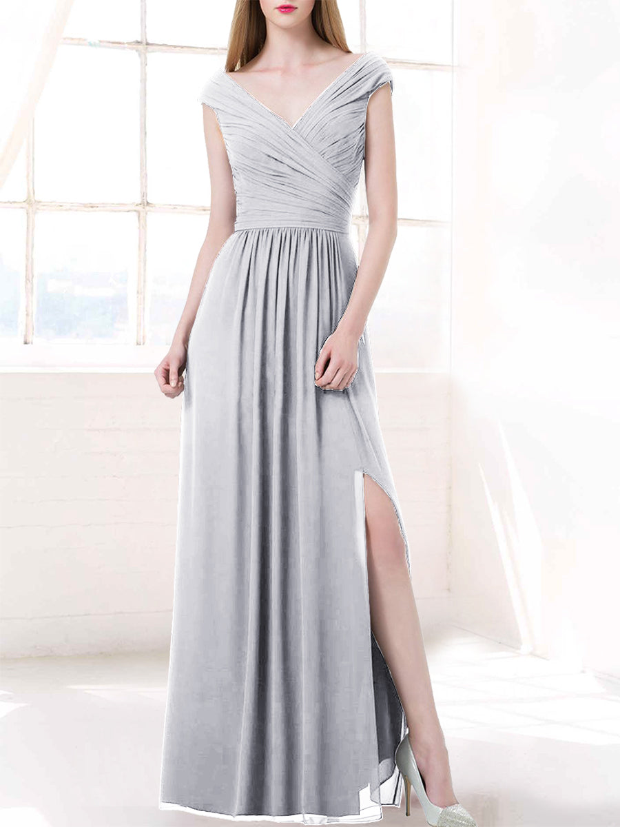 Chiffon Column V-Neck Cap Sleeves Bridesmaid Dress-MB50100