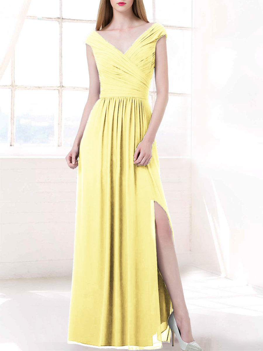 Chiffon Column V-Neck Cap Sleeves Bridesmaid Dress-MB50100