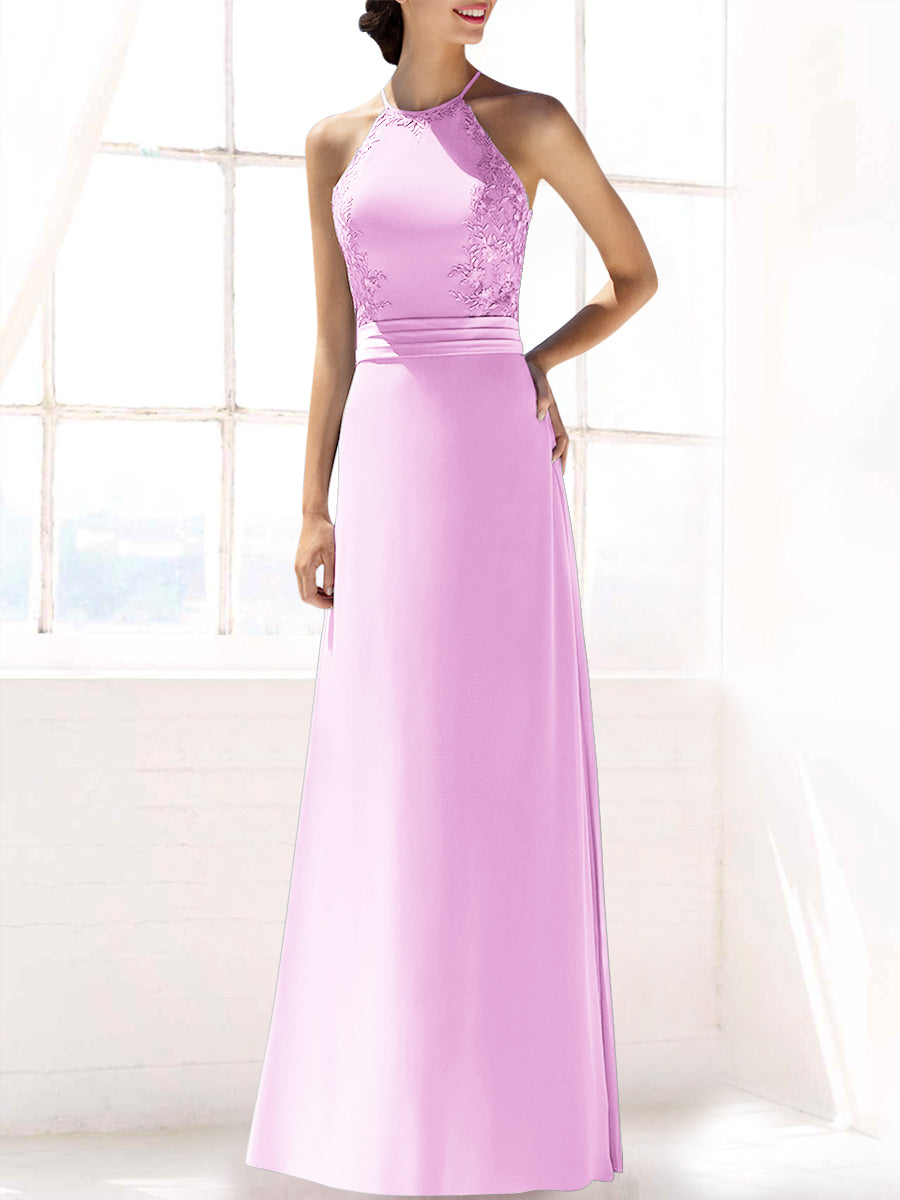 Lace Column Halter Sleeveless Bridesmaid Dress-MB53393