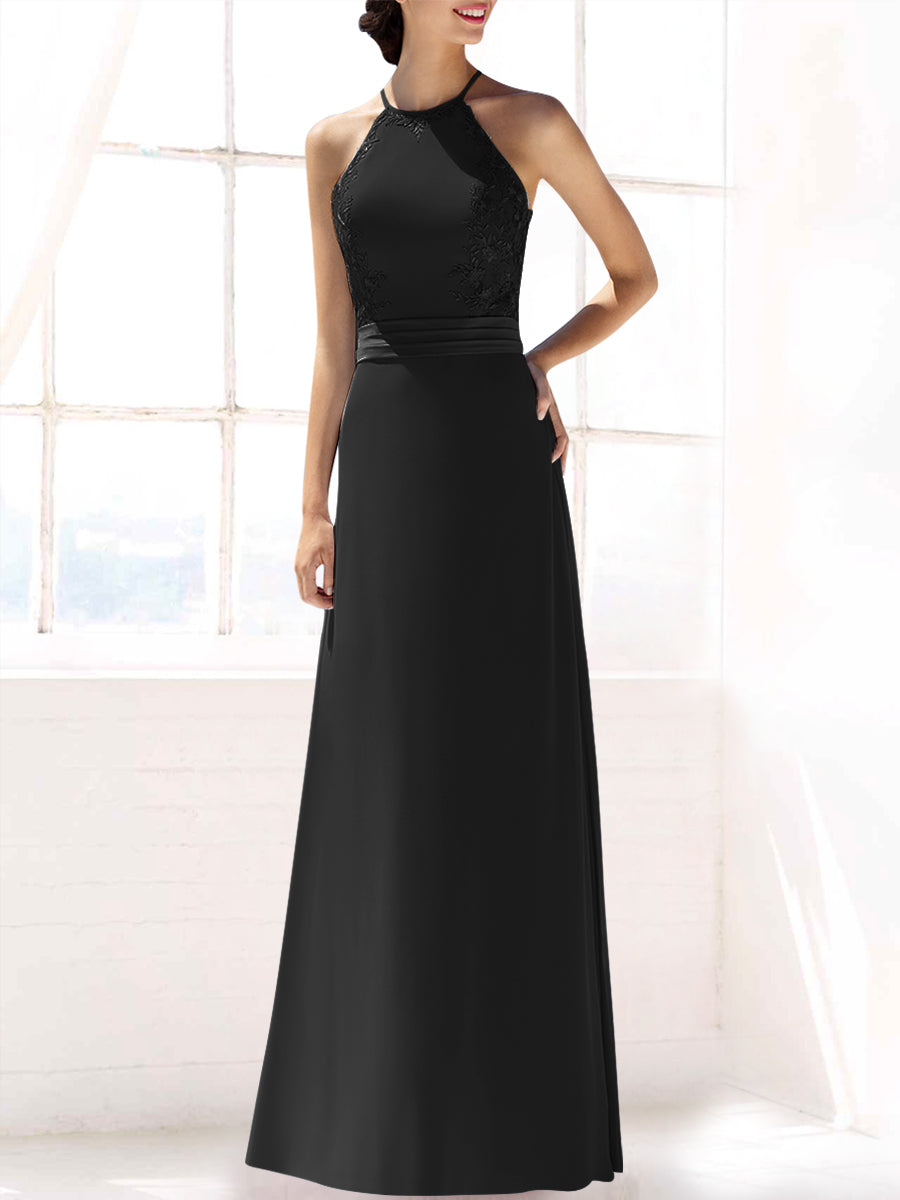 Lace Column Halter Sleeveless Bridesmaid Dress-MB53393