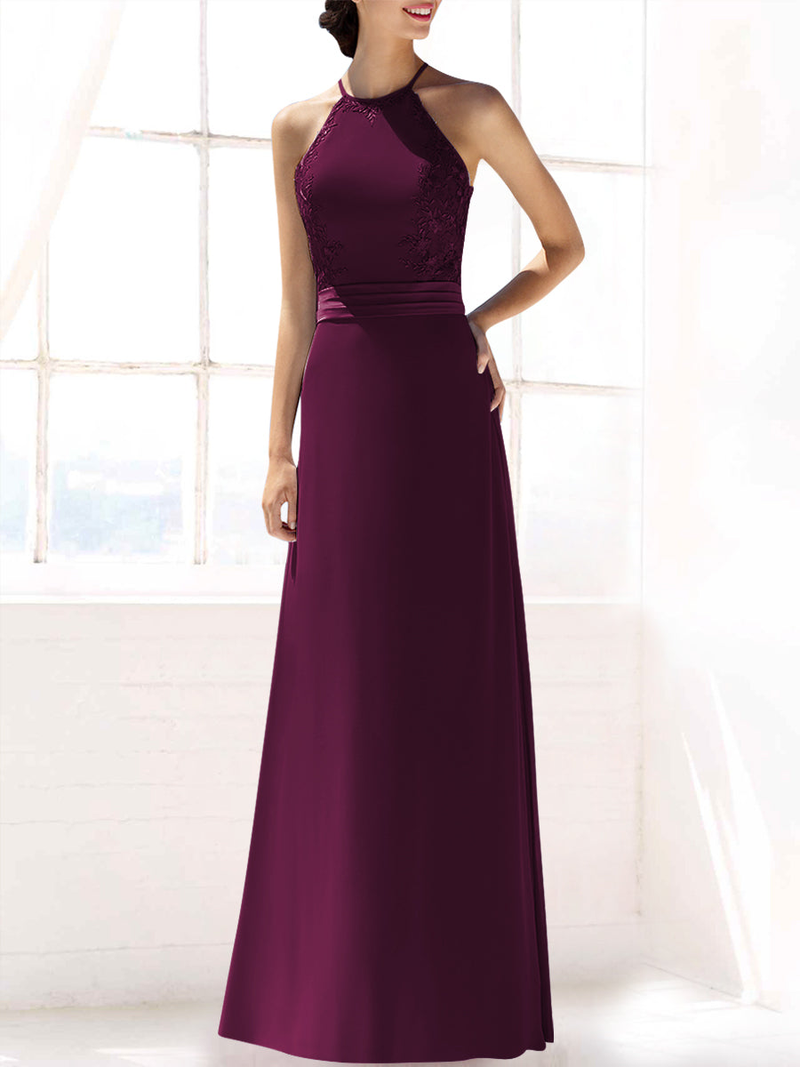 Lace Column Halter Sleeveless Bridesmaid Dress-MB53393