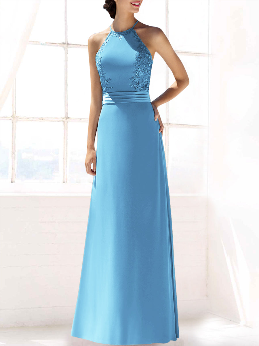 Lace Column Halter Sleeveless Bridesmaid Dress-MB53393