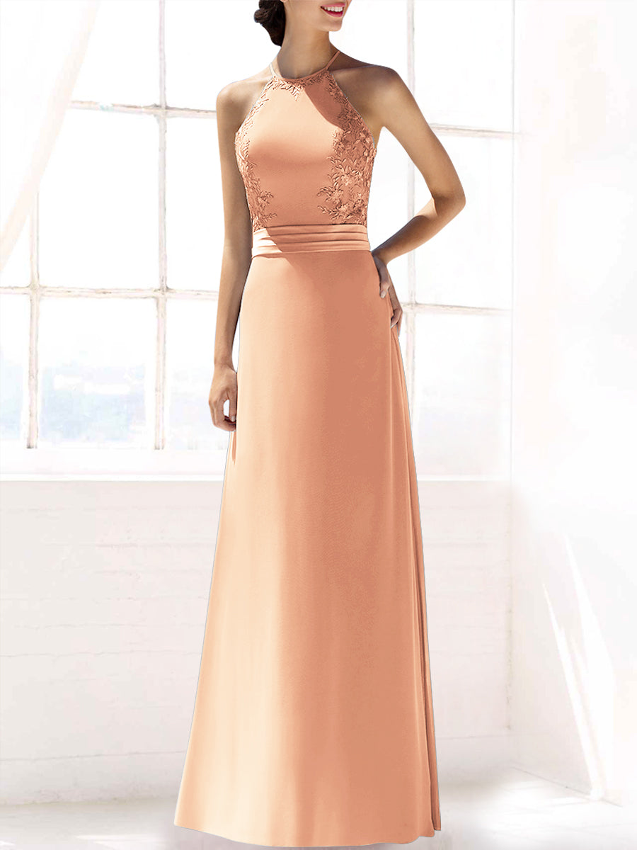 Lace Column Halter Sleeveless Bridesmaid Dress-MB53393