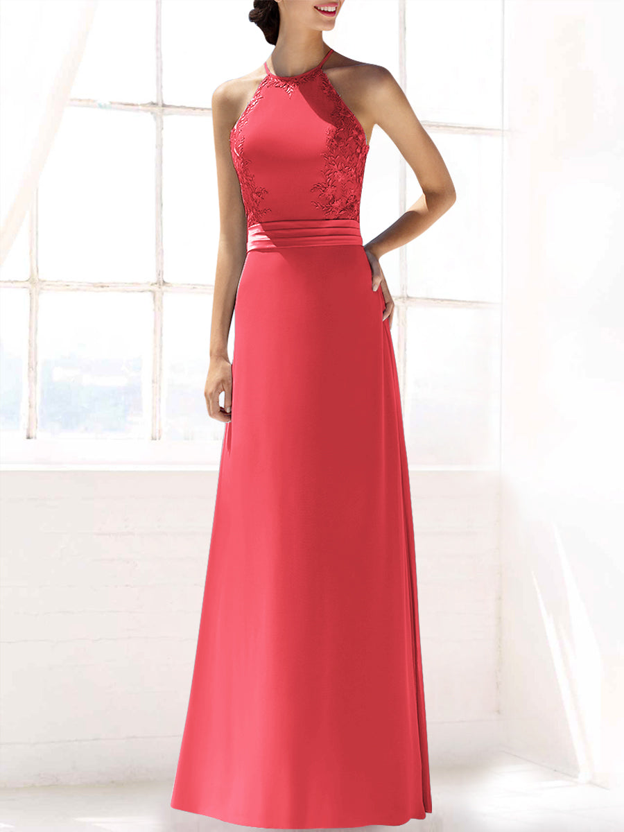 Lace Column Halter Sleeveless Bridesmaid Dress-MB53393