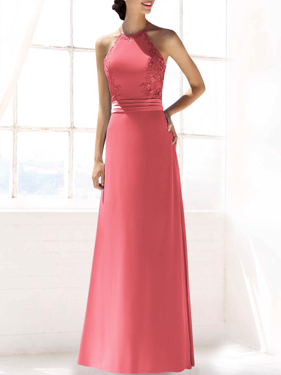 Lace Column Halter Sleeveless Bridesmaid Dress-MB53393