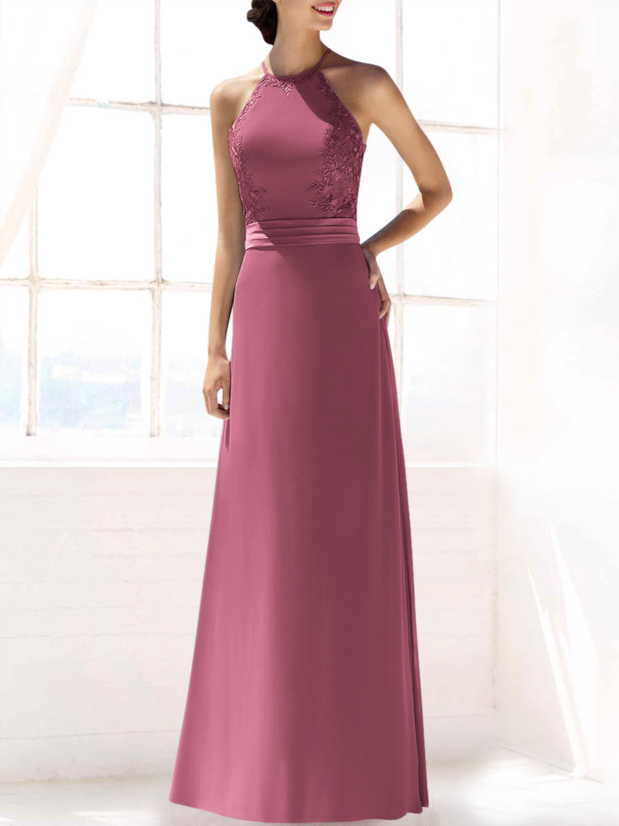 Lace Column Halter Sleeveless Bridesmaid Dress-MB53393