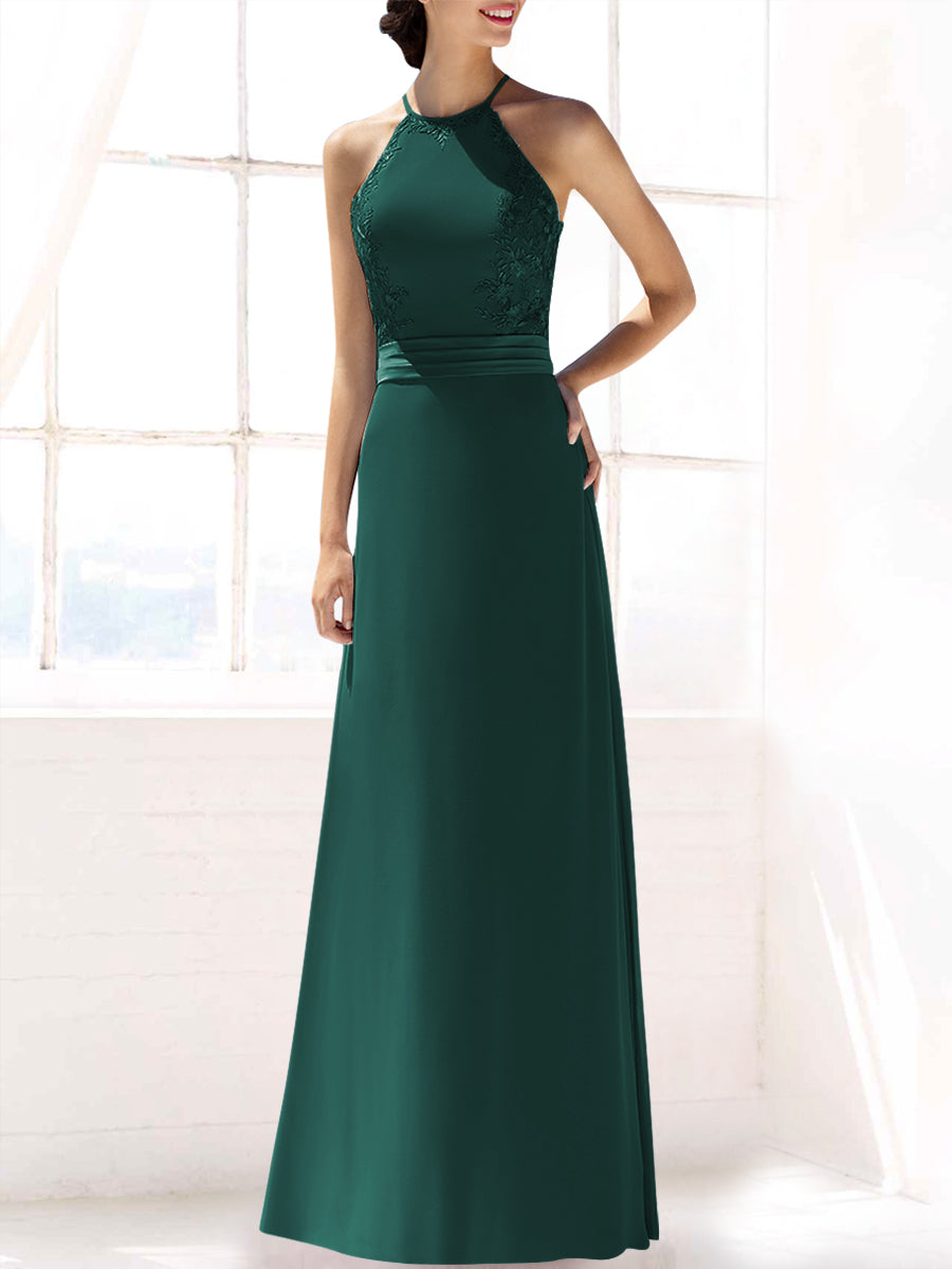 Lace Column Halter Sleeveless Bridesmaid Dress-MB53393