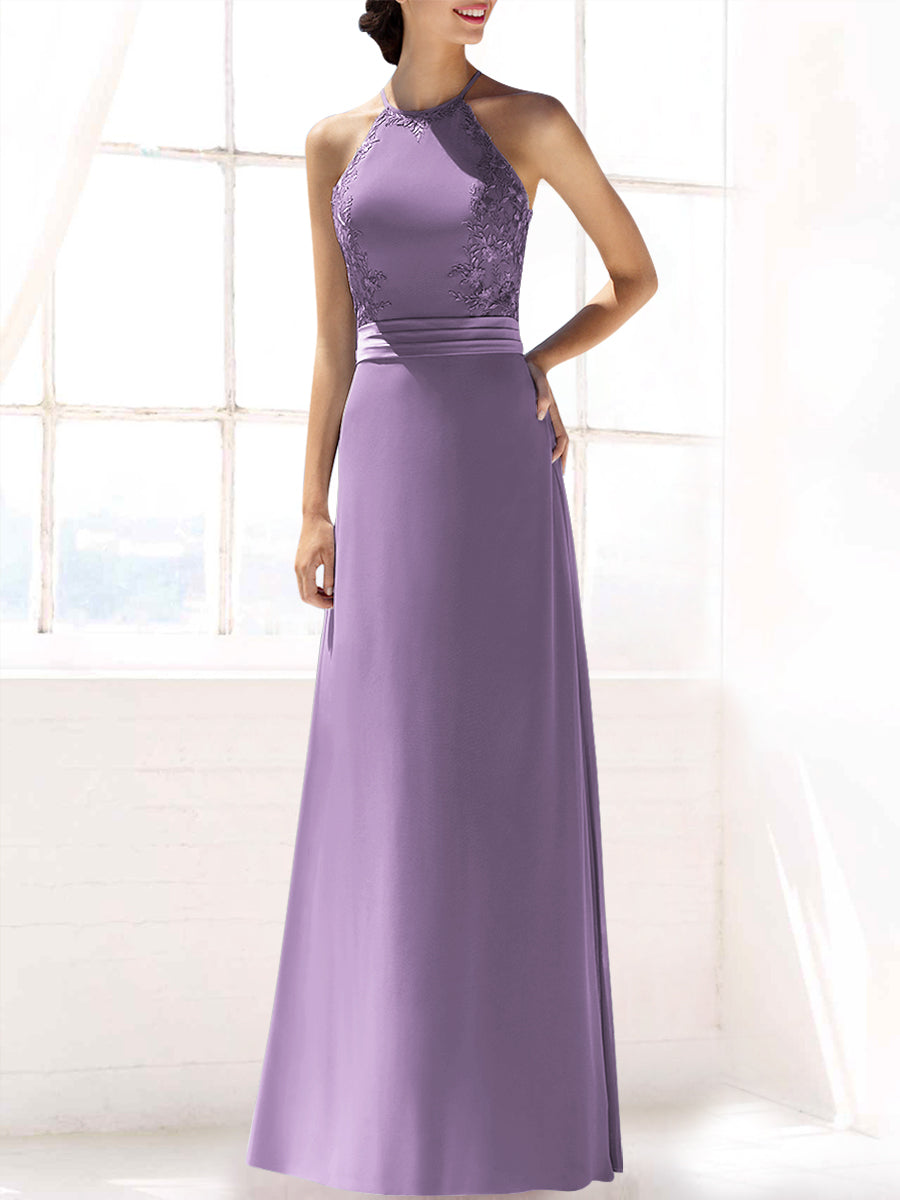 Lace Column Halter Sleeveless Bridesmaid Dress-MB53393