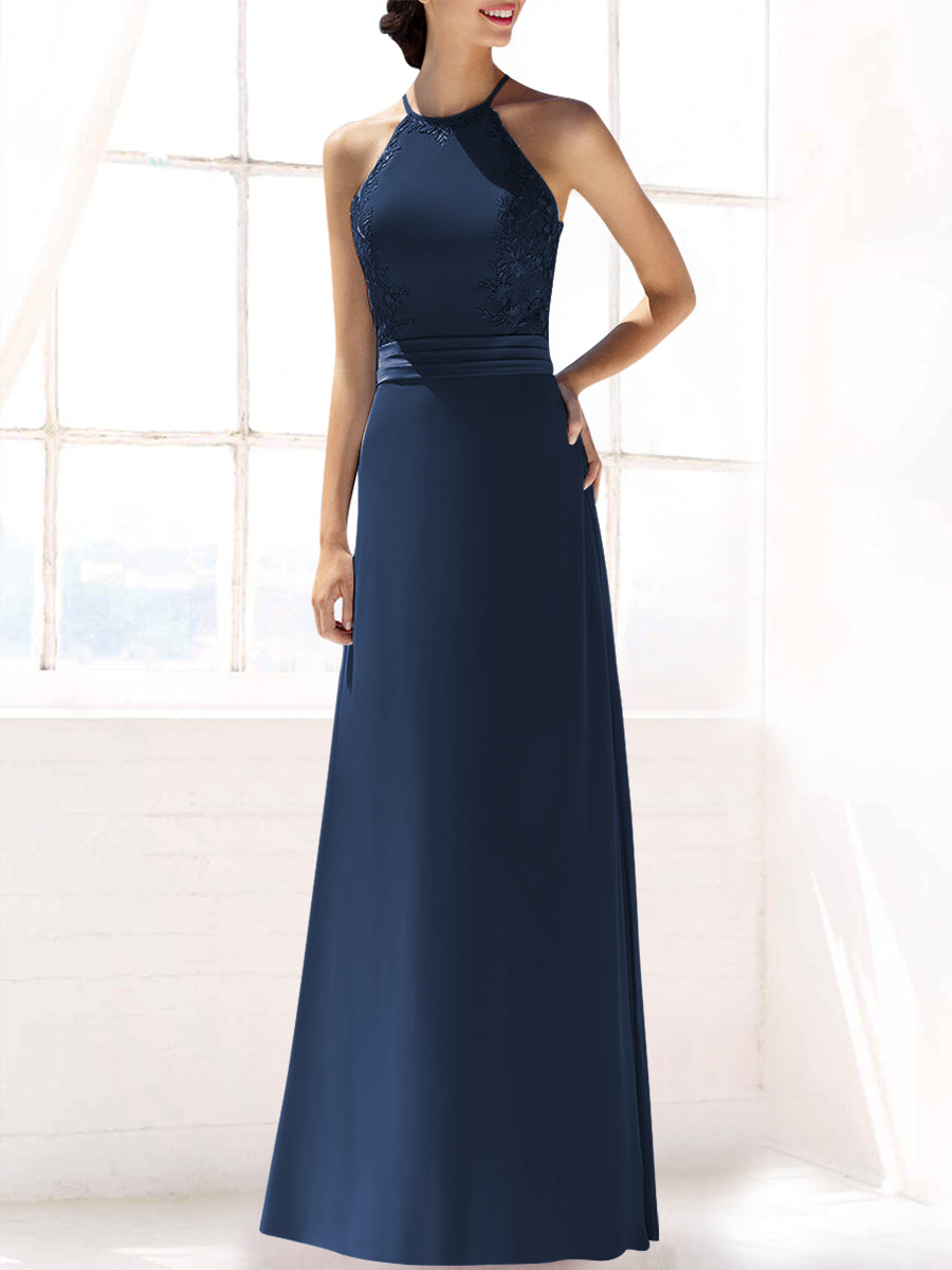 Lace Column Halter Sleeveless Bridesmaid Dress-MB53393