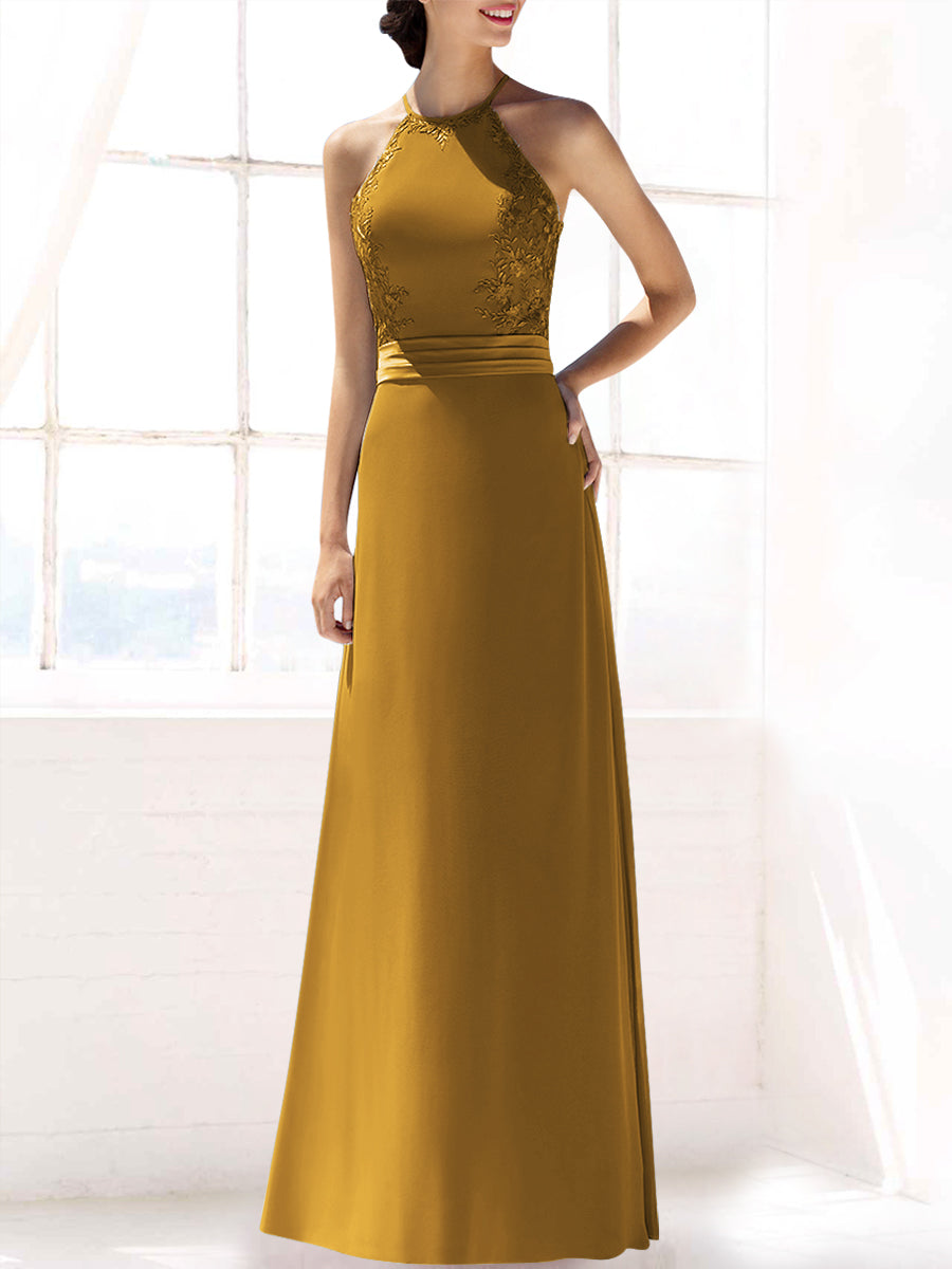 Lace Column Halter Sleeveless Bridesmaid Dress-MB53393