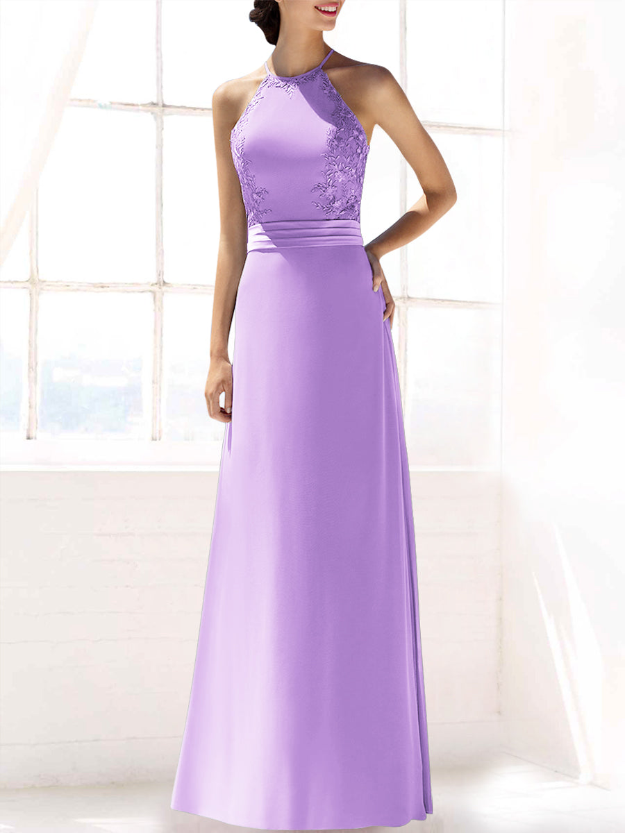 Lace Column Halter Sleeveless Bridesmaid Dress-MB53393