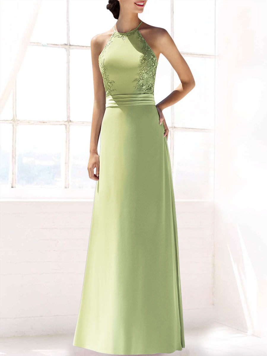 Lace Column Halter Sleeveless Bridesmaid Dress-MB53393