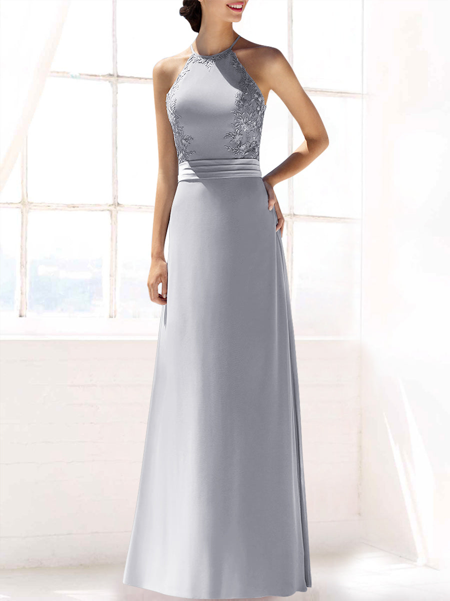 Lace Column Halter Sleeveless Bridesmaid Dress-MB53393