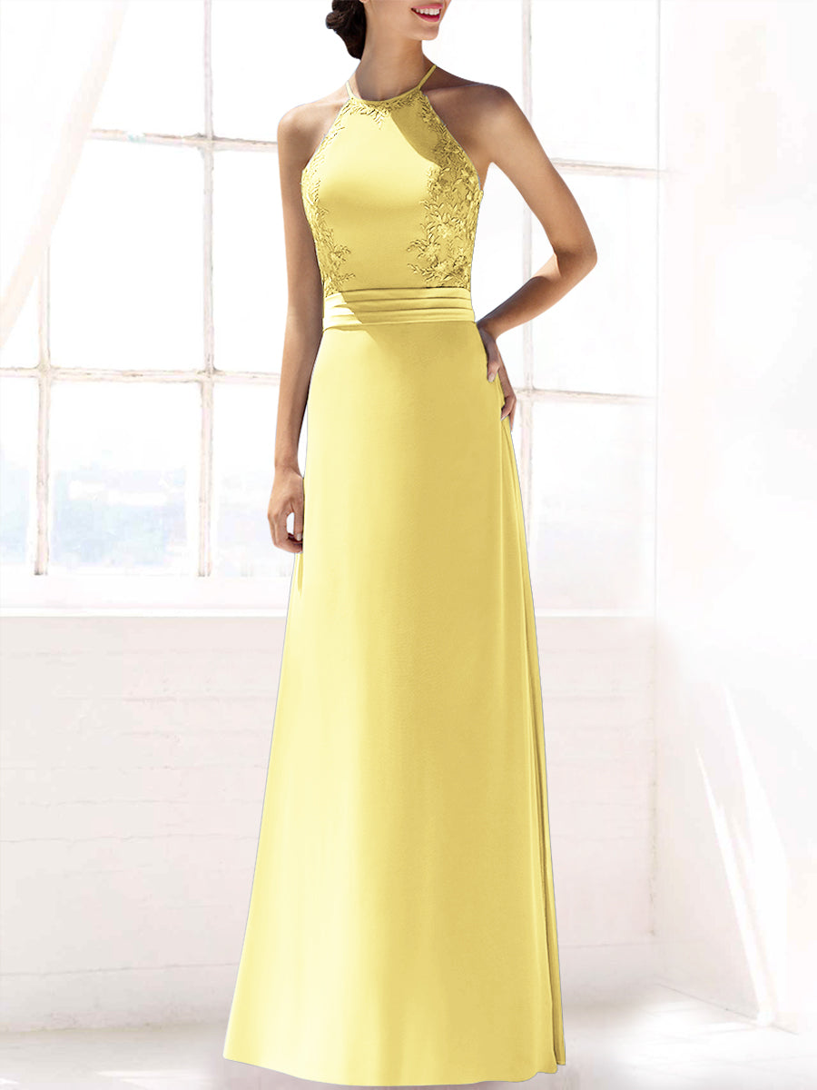 Lace Column Halter Sleeveless Bridesmaid Dress-MB53393