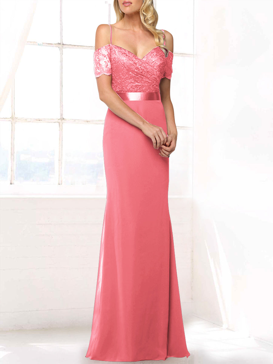 Lace Mermaid Off the Shoulder Sleeveless Bridesmaid Dress-MB53406