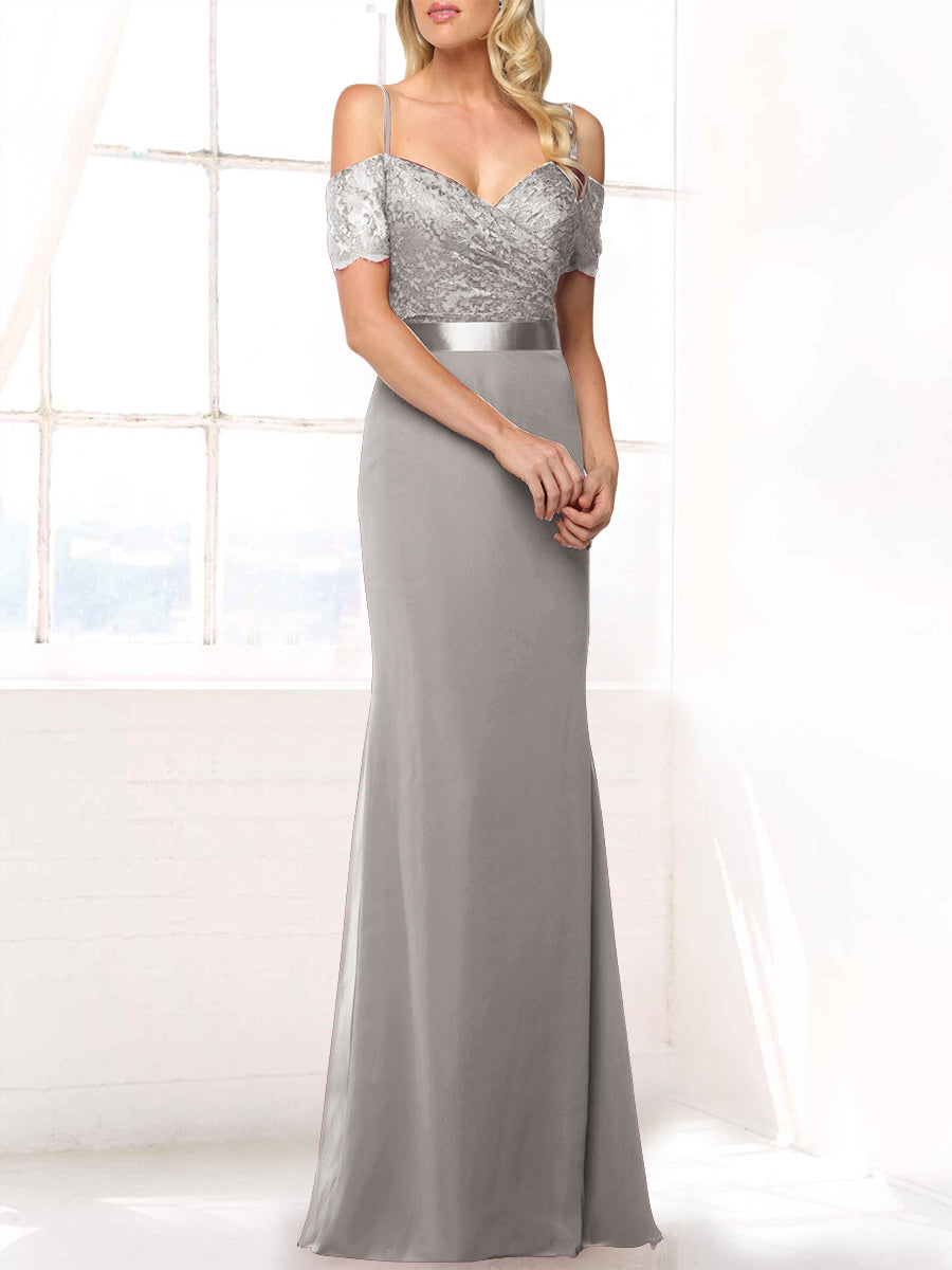 Lace Mermaid Off the Shoulder Sleeveless Bridesmaid Dress-MB53406