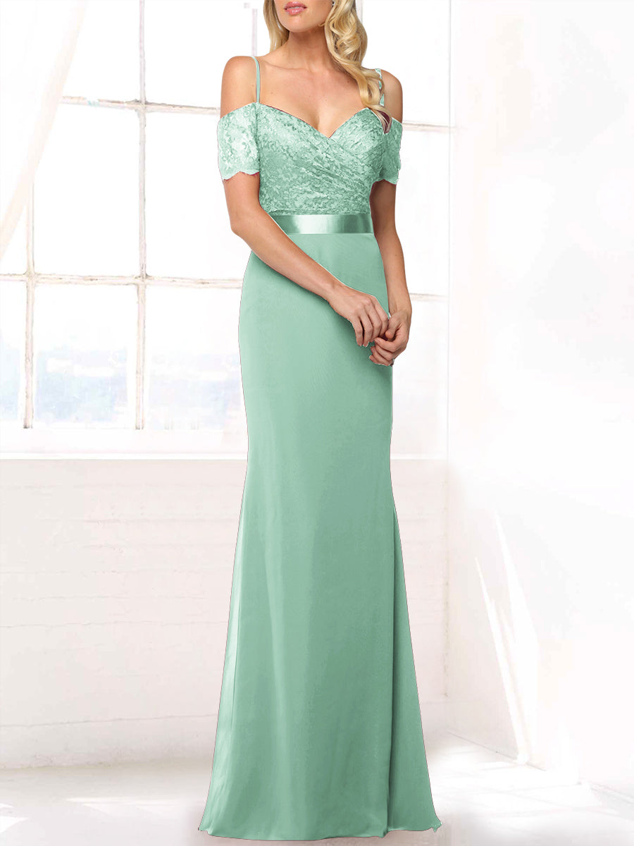 Lace Mermaid Off the Shoulder Sleeveless Bridesmaid Dress-MB53406