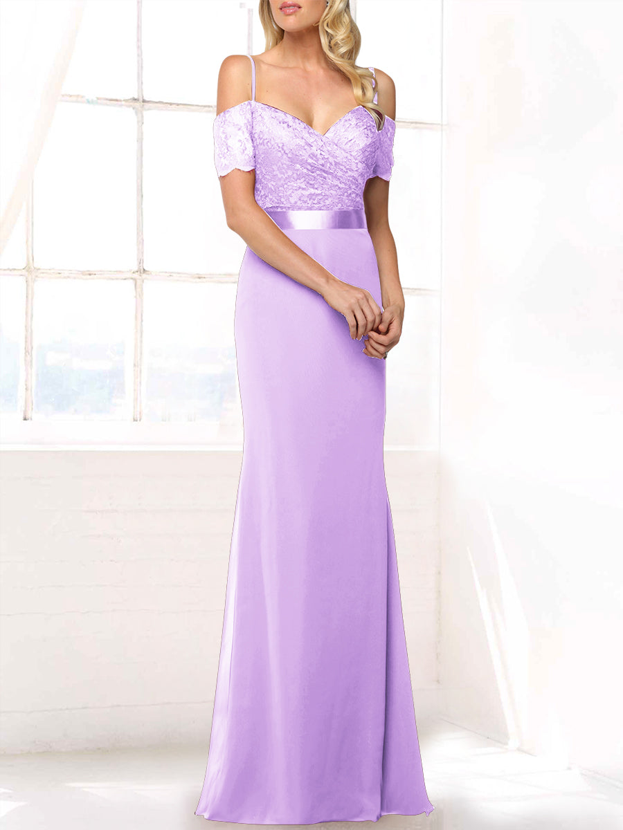 Lace Mermaid Off the Shoulder Sleeveless Bridesmaid Dress-MB53406